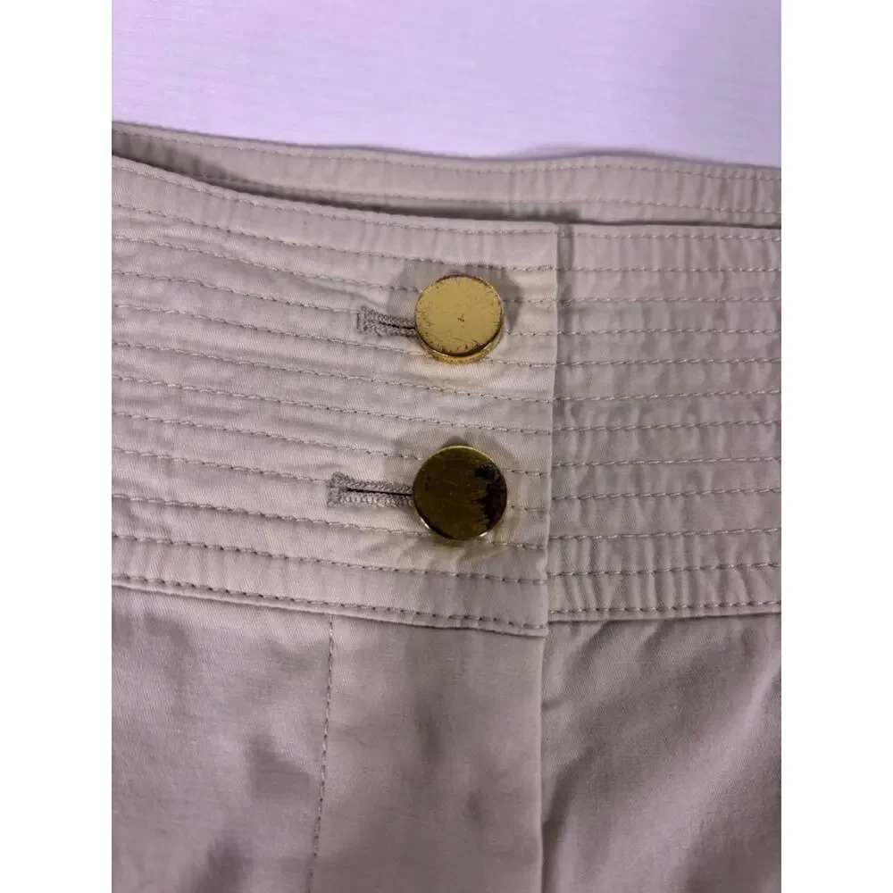 Tory Burch Beige Smocked-Waist Safari Bermuda Shorts Gold Buttons Size 10 0598